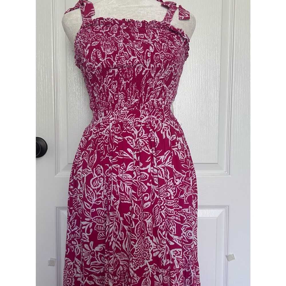 Vibrant Pink Floral Tie-Shoulder Boho Tropical Maxi Dress Side Cut Outs Rayon - Picture 4 of 12